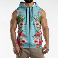 Hawaii Tropical Flowers Sleeveless Zip Hoodie Sky Blue Polynesian Tattoo Art