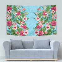 Hawaii Tropical Flowers Tapestry Sky Blue Polynesian Tattoo Art
