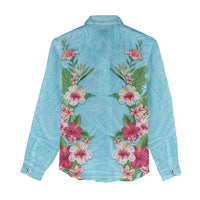 Hawaii Tropical Flowers Women Casual Shirt Sky Blue Polynesian Tattoo Art