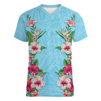 Hawaii Tropical Flowers Women V-Neck T-Shirt Sky Blue Polynesian Tattoo Art
