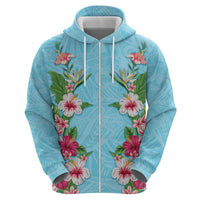 Hawaii Tropical Flowers Zip Hoodie Sky Blue Polynesian Tattoo Art