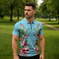 Hawaii Tropical Flowers Zipper Polo Shirt Sky Blue Polynesian Tattoo Art