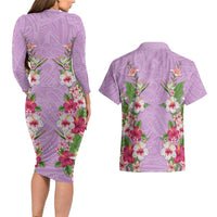 Hawaii Tropical Flowers Couples Matching Long Sleeve Bodycon Dress and Hawaiian Shirt Lavender Polynesian Tattoo Art LT05 - Polynesian Pride