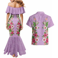 Hawaii Tropical Flowers Couples Matching Mermaid Dress and Hawaiian Shirt Lavender Polynesian Tattoo Art