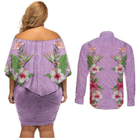 Hawaii Tropical Flowers Couples Matching Off Shoulder Short Dress and Long Sleeve Button Shirt Lavender Polynesian Tattoo Art