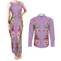 Hawaii Tropical Flowers Couples Matching Tank Maxi Dress and Long Sleeve Button Shirt Lavender Polynesian Tattoo Art