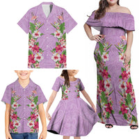 Hawaii Tropical Flowers Family Matching Off Shoulder Maxi Dress and Hawaiian Shirt Lavender Polynesian Tattoo Art LT05 - Polynesian Pride