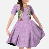 Hawaii Tropical Flowers Family Matching Puletasi and Hawaiian Shirt Lavender Polynesian Tattoo Art LT05 Daughter's Dress Lavender - Polynesian Pride