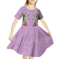 Hawaii Tropical Flowers Kid Short Sleeve Dress Lavender Polynesian Tattoo Art