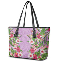 Hawaii Tropical Flowers Leather Tote Bag Lavender Polynesian Tattoo Art