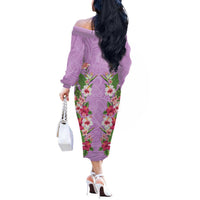 Hawaii Tropical Flowers Off The Shoulder Long Sleeve Dress Lavender Polynesian Tattoo Art