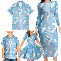 Bula Fiji Family Matching Long Sleeve Bodycon Dress and Hawaiian Shirt Blue Makare Masi Tapa Pattern LT05 - Polynesian Pride