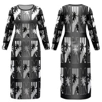 Bula Fiji Family Matching Long Sleeve Bodycon Dress and Hawaiian Shirt Black Makare Masi Tapa Pattern LT05 Mom's Dress Black - Polynesian Pride