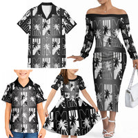 Bula Fiji Family Matching Off The Shoulder Long Sleeve Dress and Hawaiian Shirt Black Makare Masi Tapa Pattern LT05 - Polynesian Pride