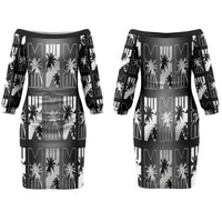 Bula Fiji Family Matching Off The Shoulder Long Sleeve Dress and Hawaiian Shirt Black Makare Masi Tapa Pattern LT05 Mom's Dress Black - Polynesian Pride