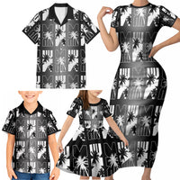 Bula Fiji Family Matching Short Sleeve Bodycon Dress and Hawaiian Shirt Black Makare Masi Tapa Pattern LT05 - Polynesian Pride