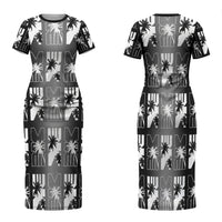 Bula Fiji Family Matching Short Sleeve Bodycon Dress and Hawaiian Shirt Black Makare Masi Tapa Pattern LT05 Mom's Dress Black - Polynesian Pride
