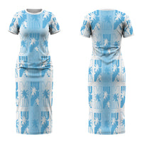 Bula Fiji Family Matching Short Sleeve Bodycon Dress and Hawaiian Shirt White Makare Masi Tapa Pattern LT05 Mom's Dress White - Polynesian Pride