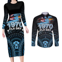 Personalised Happy Fiji Day 1970 Couples Matching Long Sleeve Bodycon Dress and Long Sleeve Button Shirt Flag Grunge Style LT05 Black - Polynesian Pride