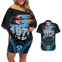 Personalised Happy Fiji Day 1970 Couples Matching Off Shoulder Short Dress and Hawaiian Shirt Flag Grunge Style LT05 Black - Polynesian Pride