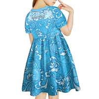 Personalized Fiji Spring Break Kid Short Sleeve Dress Fijian Tapa Pattern Blue LT05 - Polynesian Pride