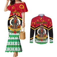 Personalized Vanuatu Christmas Couples Matching Mermaid Dress and Long Sleeve Button Shirts Santa God Yumi LT05 Red - Polynesian Pride