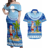 Personalized Fiji Christmas Couples Matching Off Shoulder Maxi Dress and Hawaiian Shirt Santa Claus Surf Marau Na Kerisimasi LT05 Blue - Polynesian Pride