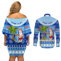 Personalized Fiji Christmas Couples Matching Off Shoulder Short Dress and Long Sleeve Button Shirts Santa Claus Surf Marau Na Kerisimasi LT05 - Polynesian Pride