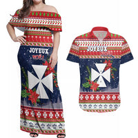 Wallis and Futuna Christmas Couples Matching Off Shoulder Maxi Dress and Hawaiian Shirt Poinsettia Joyeux Noel LT05 Red - Polynesian Pride