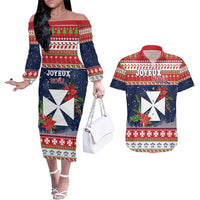 Wallis and Futuna Christmas Couples Matching Off The Shoulder Long Sleeve Dress and Hawaiian Shirt Poinsettia Joyeux Noel LT05 Red - Polynesian Pride