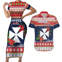 Wallis and Futuna Christmas Couples Matching Short Sleeve Bodycon Dress and Hawaiian Shirt Poinsettia Joyeux Noel LT05 Red - Polynesian Pride