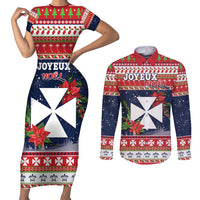 Wallis and Futuna Christmas Couples Matching Short Sleeve Bodycon Dress and Long Sleeve Button Shirt Poinsettia Joyeux Noel LT05 Red - Polynesian Pride