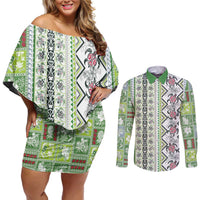 Hawaii Makahiki Turtle Couples Matching Off Shoulder Short Dress and Long Sleeve Button Shirt Green Tapa Pattern LT05 Green - Polynesian Pride