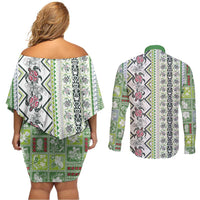 Hawaii Makahiki Turtle Couples Matching Off Shoulder Short Dress and Long Sleeve Button Shirt Green Tapa Pattern LT05 - Polynesian Pride