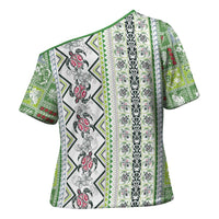 Hawaii Makahiki Turtle Cross Shoulder Shirt Green Tapa Pattern - Polynesian Pride