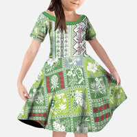 Hawaii Makahiki Turtle Kid Short Sleeve Dress Green Tapa Pattern - Polynesian Pride