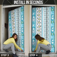 Hawaii Makahiki Turtle Door Cover Blue Tapa Pattern - Polynesian Pride