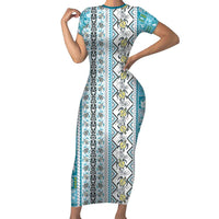 Hawaii Makahiki Turtle Family Matching Short Sleeve Bodycon Dress and Hawaiian Shirt Blue Tapa Pattern - Polynesian Pride