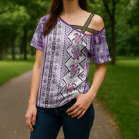 Hawaii Makahiki Turtle Cross Shoulder Shirt Violet Tapa Pattern - Polynesian Pride