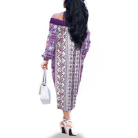 Hawaii Makahiki Turtle Family Matching Off The Shoulder Long Sleeve Dress and Hawaiian Shirt Violet Tapa Pattern - Polynesian Pride