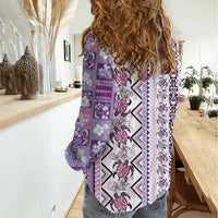 Hawaii Makahiki Turtle Women Casual Shirt Violet Tapa Pattern - Polynesian Pride