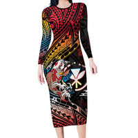 Hawaii And Japan Family Matching Long Sleeve Bodycon Dress and Hawaiian Shirt Koi Fish With Kanaka Maoli LT05 Mom's Dress Black - Polynesian Pride