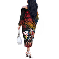 Hawaii And Japan Off The Shoulder Long Sleeve Dress Koi Fish With Kanaka Maoli
