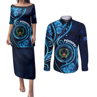 Personalised FSM Pohnpei Couples Matching Puletasi and Long Sleeve Button Shirt Ocean Floral Pattern LT05 Blue - Polynesian Pride