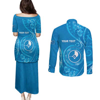 Personalised FSM Yap Couples Matching Puletasi and Long Sleeve Button Shirt Ocean Floral Pattern