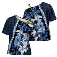 Hawaii Ukulele Cross Shoulder Shirt Tropical Flowers With Palaka Effect Blue Version - Polynesian Pride