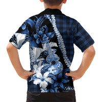 Hawaii Ukulele Family Matching Puletasi and Hawaiian Shirt Tropical Flowers With Palaka Effect Blue Version - Polynesian Pride