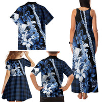 Hawaii Ukulele Family Matching Tank Maxi Dress and Hawaiian Shirt Tropical Flowers With Palaka Effect Blue Version - Polynesian Pride