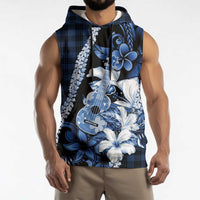 Hawaii Ukulele Sleeveless Hoodie Tropical Flowers With Palaka Effect Blue Version - Polynesian Pride