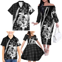 Hawaii Ukulele Family Matching Off The Shoulder Long Sleeve Dress and Hawaiian Shirt Tropical Flowers With Palaka Effect Black Version LT05 - Polynesian Pride